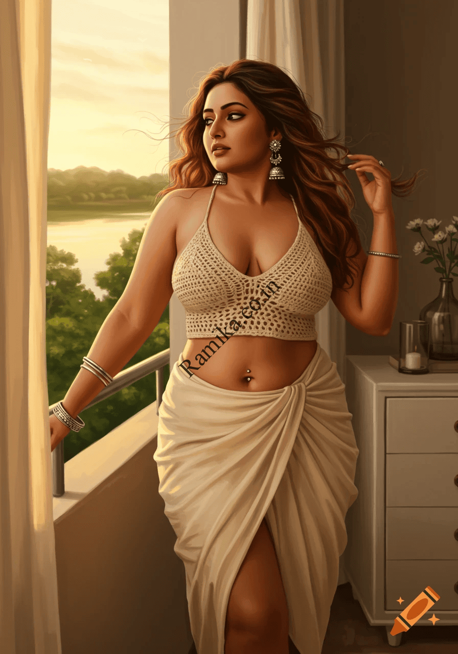 craiyon_202932_8k_resolution_A_curvy_36_24_32_Indian_woman_standing_gracefully_on_a_balcony_at_sunset__wearing_a_be